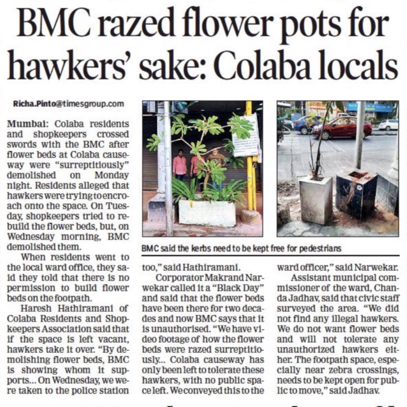 #Colaba residents allege that #BMC removed flower beds to accommodate hawkers timesofindia.indiatimes.com/city/mumbai/bm…