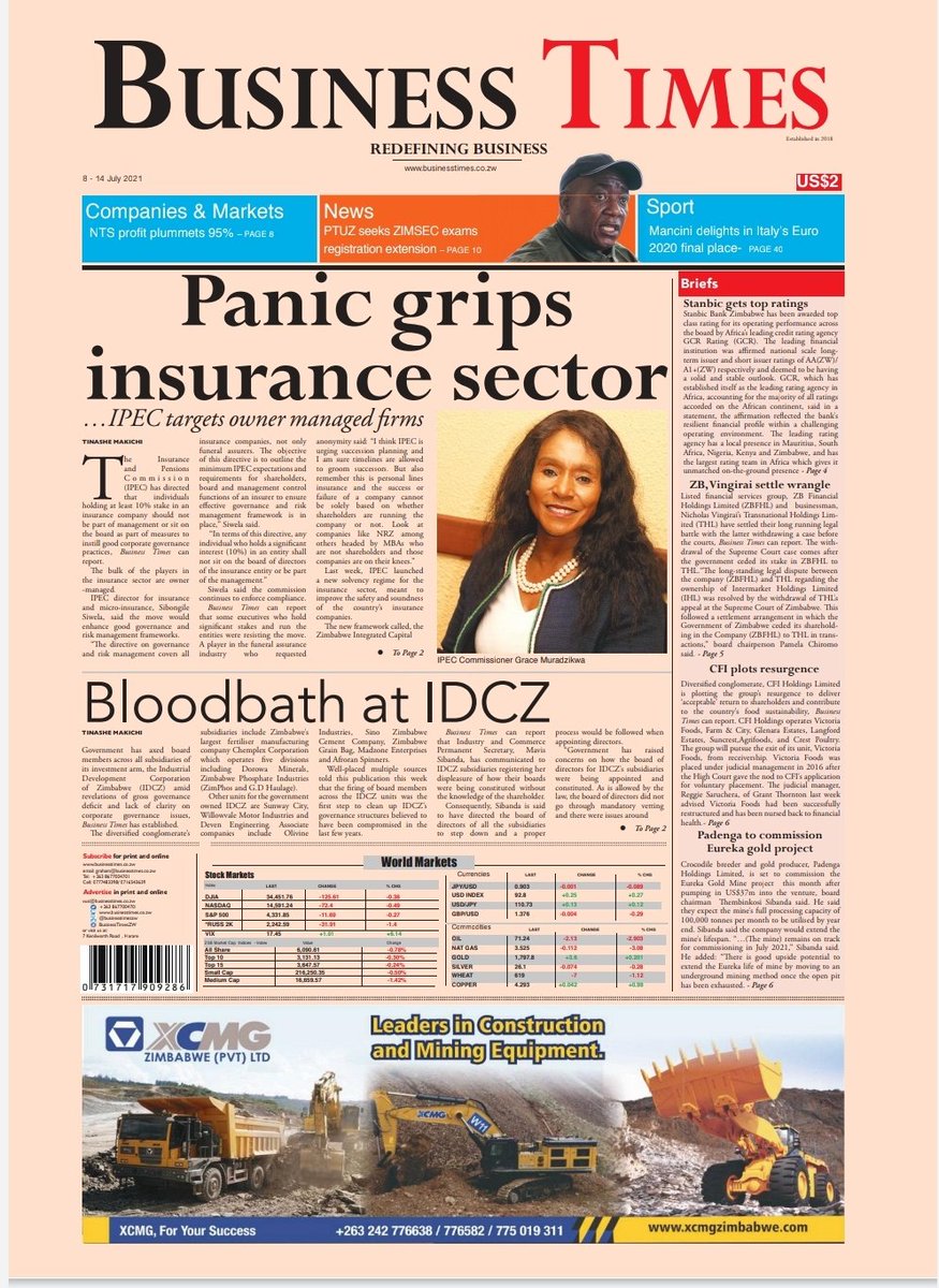 BusinessTimesZW's tweet photo. In this week's issue
*IPEC targets owner- managed insurers
*Bloodbath at IDCZ
*Allowance storm hits Defence Ministry
*ZB, Vingirai settle dispute
*ZSE gets CSD licence
*Business presses for SI127 repeal 
@ZimMediaReview @ZiFMStereo @HevoiNews @984News1 @ZNCCNational https://t.co/zop9ovqw4h