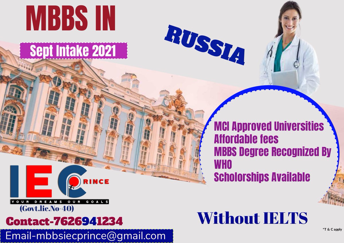 Study in Russia 
MBBS Programs 
Sept Intake 2021 
Contact 7626941234 

#MBBS #iecprince #studyabroad #studyvisa #mbbswithoutielts #consultantinmohali