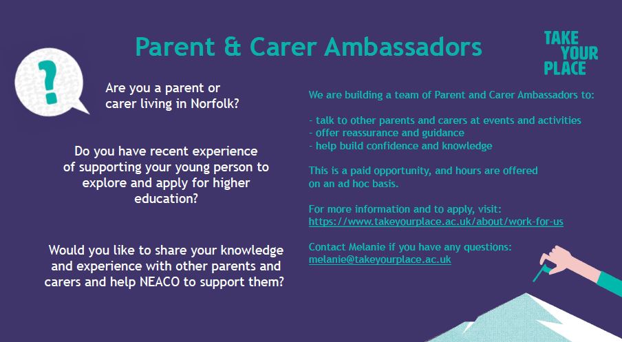 ✨Are you a parent or carer living in Norfolk? Would you like to help support others &amp; their young people? 

<a href="/TakeYourPlaceHE/">Take Your Place</a> are looking for you to join their parent/carer ambassador programme in a paid role.

Apply before 10:00am on Friday 16 July⬇️
ow.ly/l2PU50FpSYP