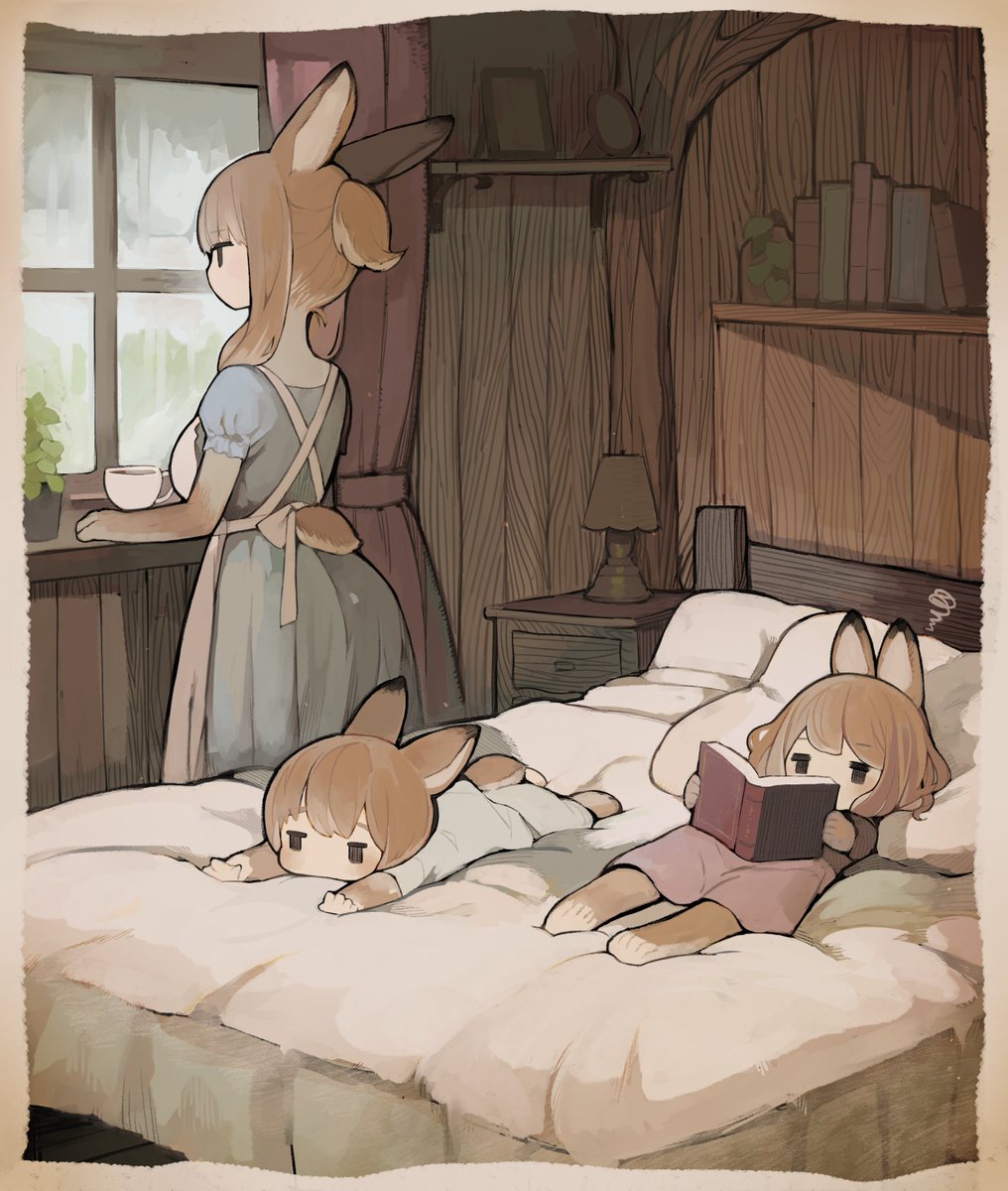 book animal ears lying rabbit boy bed window indoors  illustration images