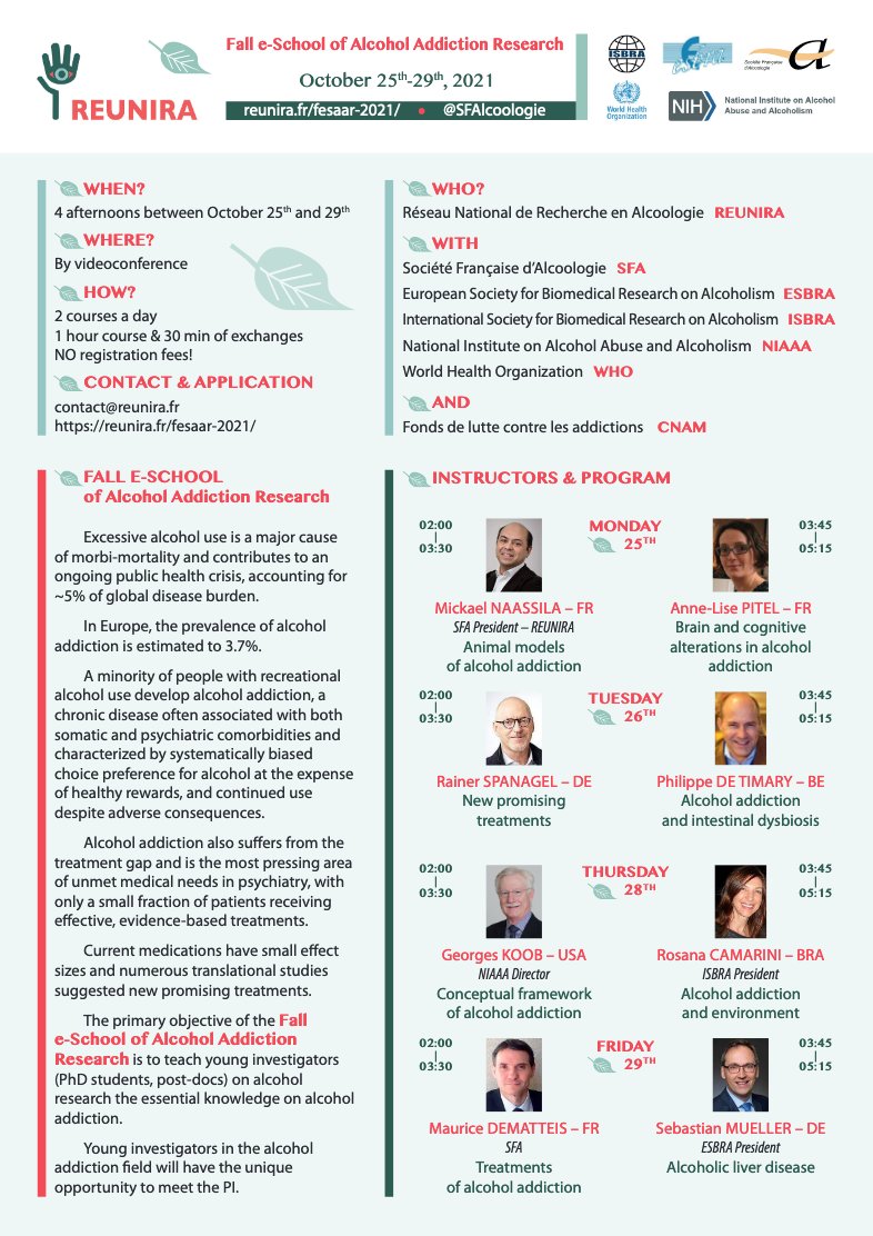 EUFASaddictions's tweet photo. YOUNG RESEARCHERS IN THE ALCOHOL FIELD: Participate in a prestigious #eMasterclass on #alcohol #addiction next Autumn. 

Organization: @SFAlcoologie @NIAAAnews @NIH @EsbraMeeting @ISBRAComm @WHO_Europe 

More information: @RechercheAlcool https://t.co/hjmBjjgT5G