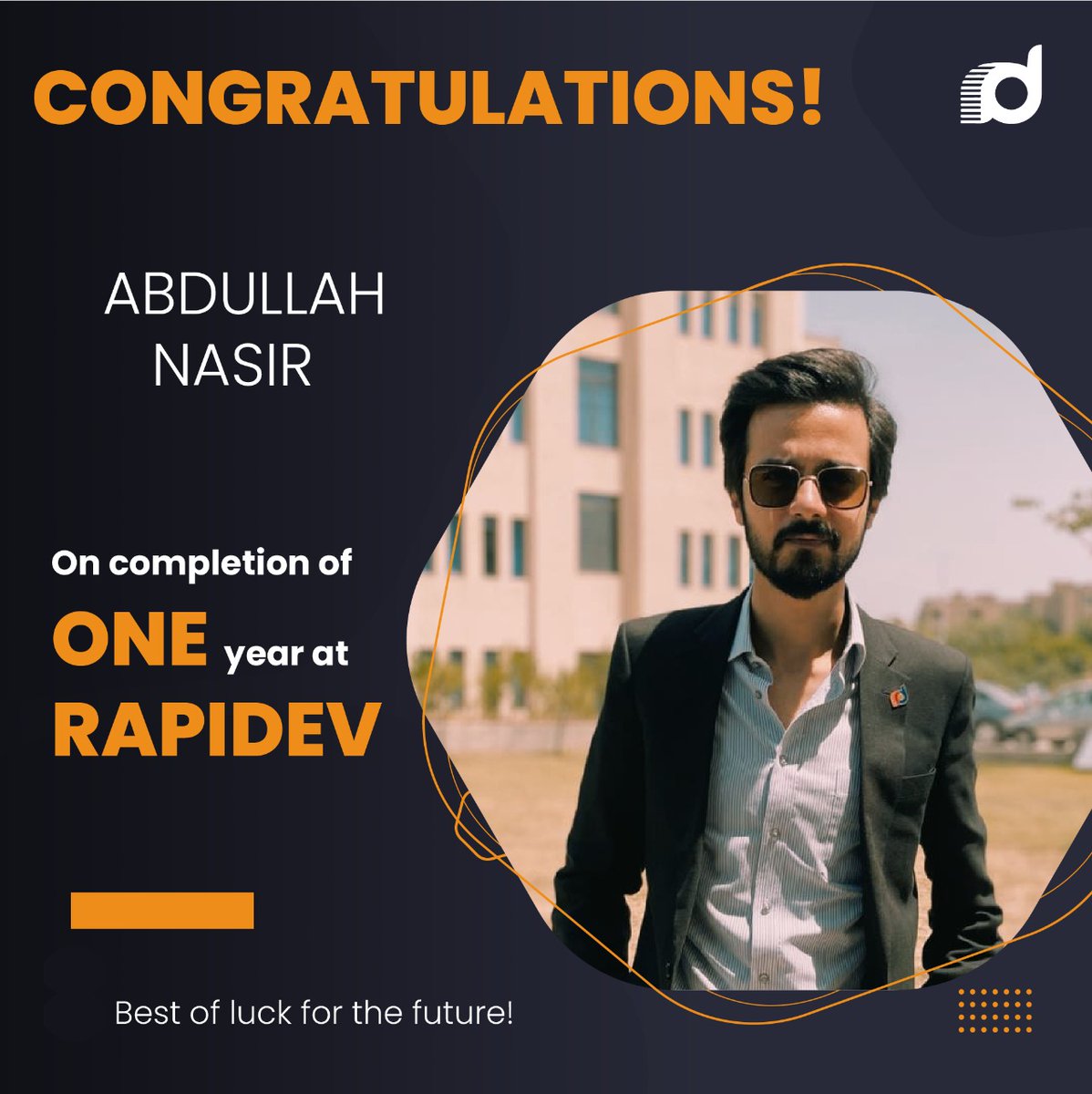 RapidevGroup's tweet photo. Rapidev congratulates Mr. Abdullah Nasir on his 1st Service Anniversary!

You have been such a hardworking and valuable asset to our team. Onwards and upwards from here.

#TheRapidevThursday #RapidevDMCC #RapidevFamily #EmployeeAnniversary https://t.co/zkQrtvgF6L