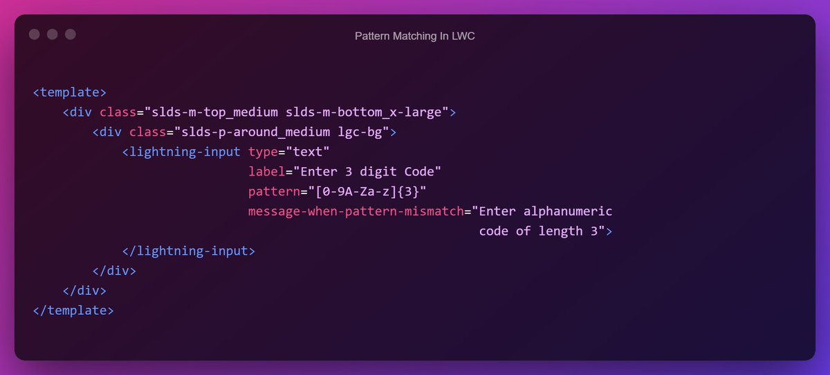 Curious about pattern matching in LWC?
Here's how you can customize patterns and error messages in LWC!

A thread...🧵