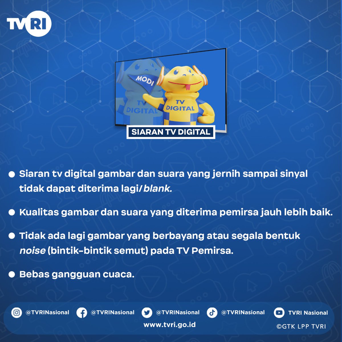 Hayooo siapa nih yang masih binggung siaran sinyal TV digital? 
Inget, sinyalnya yang digital ya bukan televisinya!
Mimin juga udah kasih tau apa kelebihannya di slide selanjutnya spesial buat #PemirsaTVRI

#TVRI #TVRINasional #MediaPemersatuBangsa #SiaranTVDigital