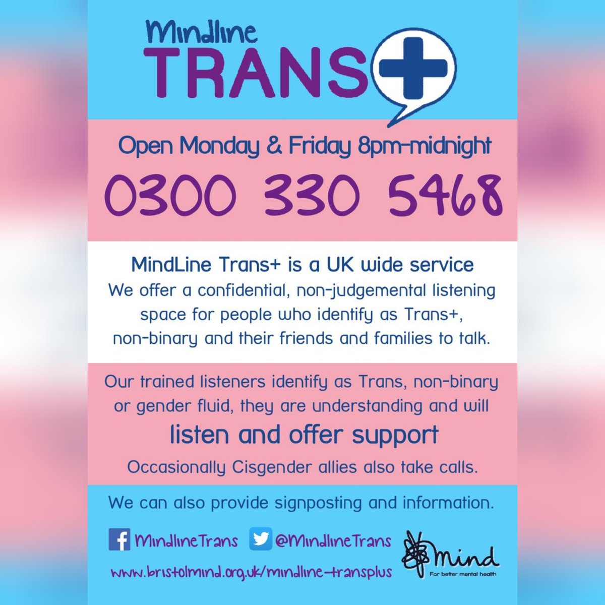 evolve_trans's tweet photo. @MindlineTrans are an emotional and mental health support helpline for anyone identifying as transgender, non-binary and genderfluid
.
Mindline also provide support to family members, friends, colleagues and carers
.
0300 330 5468
Mon &amp; Fri 8pm - midnight
#transmentalhealth https://t.co/Om1oJNmyjI