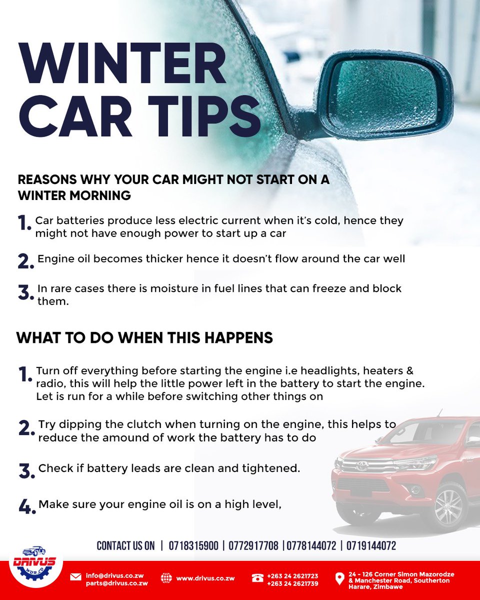 DrivusW's tweet photo. Just a simple reminder of how to take care of your car during this cold season https://t.co/S3rkH6NnZK