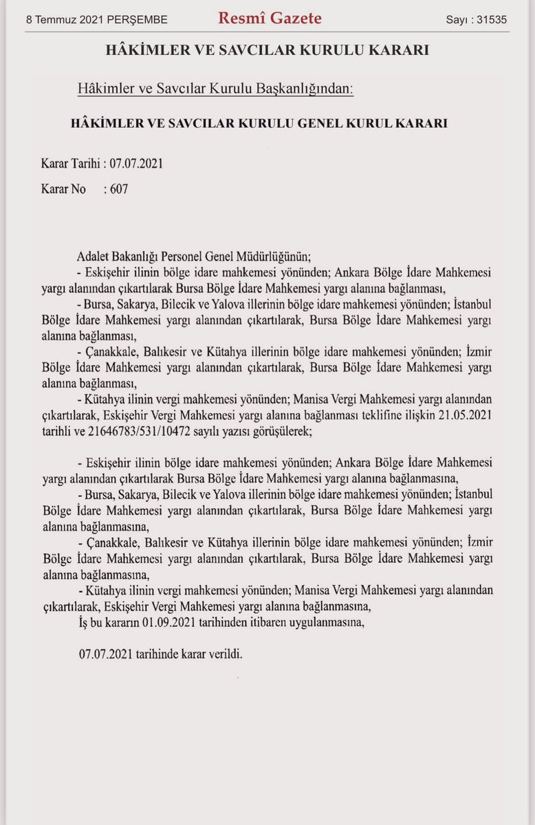 01.09.2021’de faaliyete başlayacak olan Bursa Bölge İdare Mahkemesinin yargı çevresi belirlendi. Eskişehir, Bursa, Sakarya, Bilecik, Yalova, Çanakkale, Balıkesir, Kütahya illeri bölge idare mahkemesi yönünden Bursa Bölge İdare Mahkemesine bağlandı.