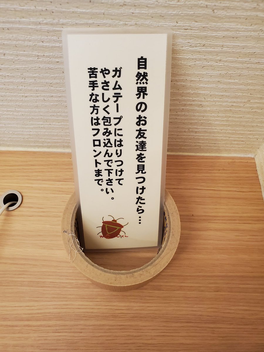 自然界のお友達を見つけたら ガムテープとともに置かれた旅館の掲示に 友達に行う所業ではない だがしかしこれが正しき対処法 の声 Togetter