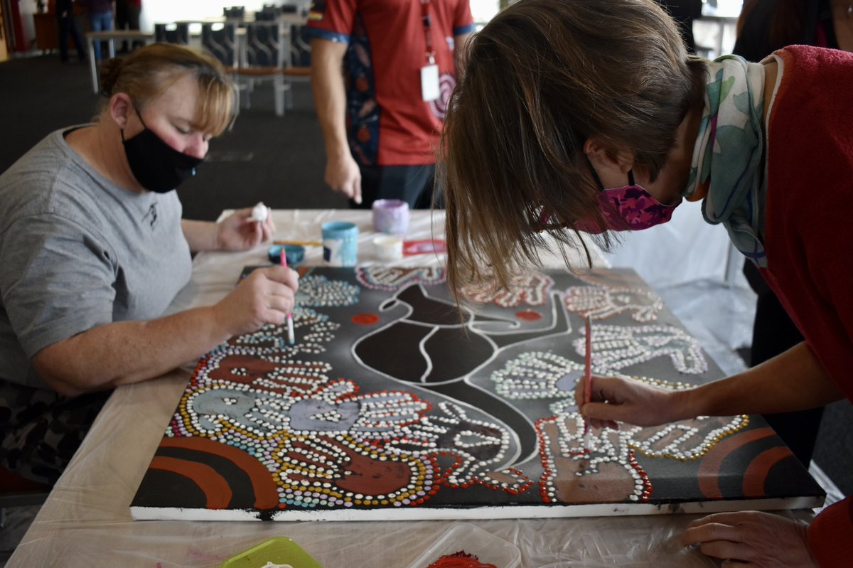 ADC_Australia's tweet image. Awesome to host Yidinji artist Greg Joseph at our #NAIDOC2021 celebrations. Staff were keen to get hands on with traditional painting techniques, and to contribute to Arts@ADC initiatives | #ForTheFutureWeLearn