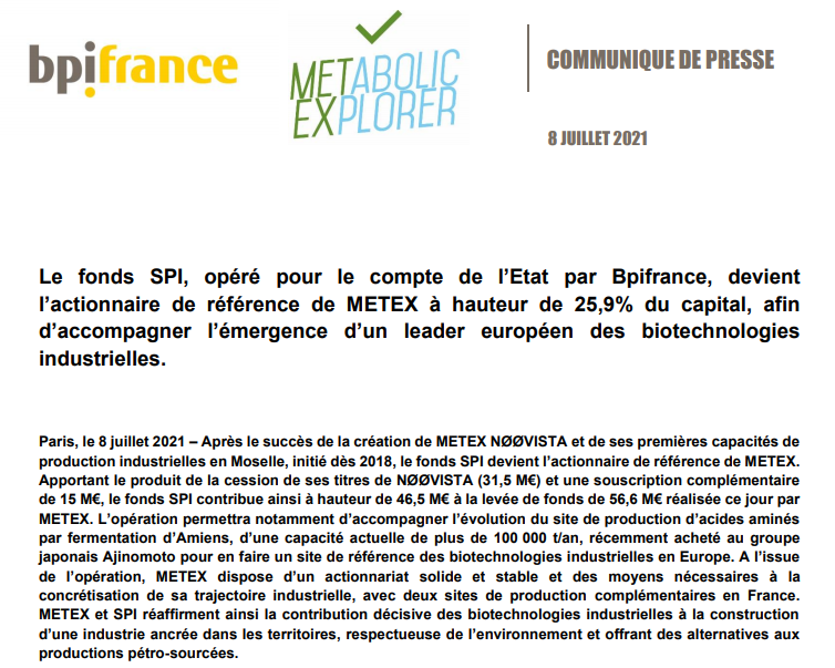 BpifrancePresse's tweet photo. .@Bpifrance, via le fonds SPI, devient l’actionnaire de référence de #METEX afin d’accompagner l’émergence d’un leader européen des biotechnologies industrielles
👏 #ChimieVerte 

👉 https://t.co/Xj7LYDLie5 https://t.co/mryTgfLGzb