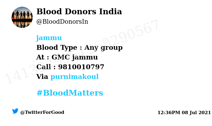 Blood Donors India (@blooddonorsin) on Twitter photo #SOS
#Jammu
Need #Blood Type : Any group
Blood Component : Blood
Number of Units : 4
Primary Number : 9810010797
Patient : Sh.Mohan Lal Dhar
Via: <a href="/purnimakoul/">Purnimakaul #Modikapariwar</a>
#BloodMatters
Powered by Twitter #SOS
#Jammu
Need #Blood Type : Any group
Blood Component : Blood
Number of Units : 4
Primary Number : 9810010797
Patient : Sh.Mohan Lal Dhar
Via: <a href="/purnimakoul/">Purnimakaul #Modikapariwar</a>
#BloodMatters
Powered by Twitter