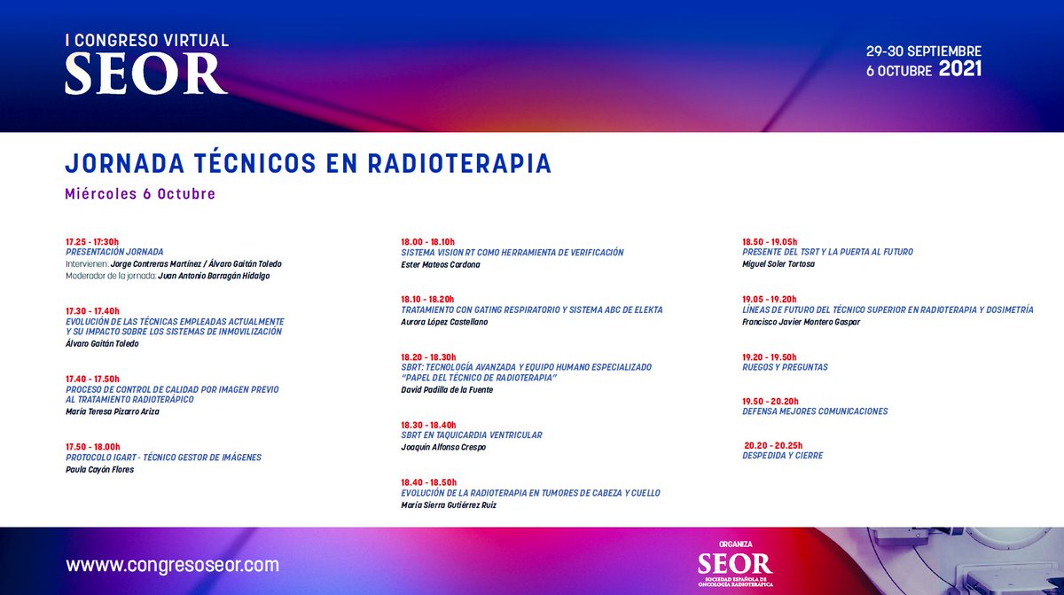 Programa I  Congreso virtual JORNADA “técnicos”.Os animamos a asociaros a la #SEOR Socio=Congreso gratuito.
@segraRadiologia @SEFM15 <a href="/setss_tss/">SETSS- Sociedad Española de Técn. Sup. Sanitarios</a> 
#técnicosradioterapia
#RadiotherapyTechnician
#radiotherapy #cancertreatment