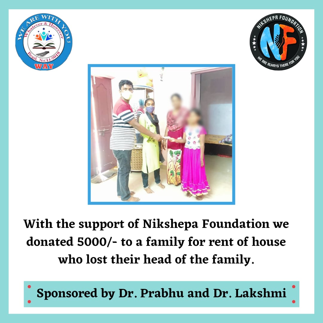 wearewithyouct's tweet photo. With the support of Nikshepa Foundation we donated 5000/- to a family for rent of house who lost their head of the family
Sponsored by Dr. Prabhu and Dr. Lakshmi
#Covid19help #Wayforwelfare #Nikshepafoundation #Thankyou #Support #Teamway https://t.co/kJFpnSPDuY