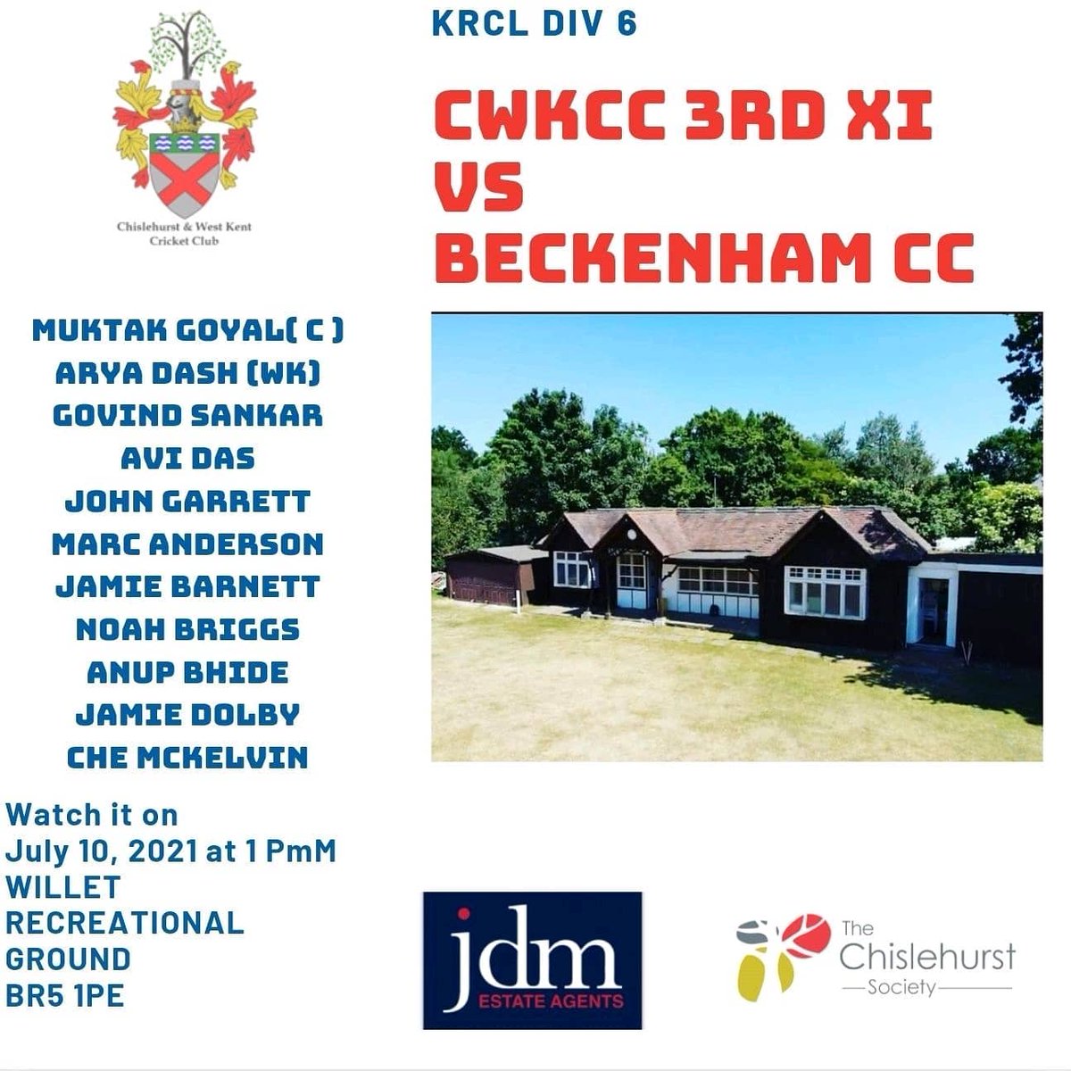 Chislehurst & WK CC (@cwkcc) on Twitter photo Fingers crossed for a dry day as we have plenty of cricket on offer this saturday.
1s vs Lessa Christchurch CC(A)
2s vs <a href="/Cobhamcc1850/">Cobham Cricket Club</a>
3s vs <a href="/BeckenhamCC/">Beckenham Cricket Club</a> (A)
4s vs <a href="/HayesKentCC/">Hayes (Kent) Cricket Club</a> (H-MG)
5s vs <a href="/dartfordcricket/">Dartford Cricket Club</a> (A)
<a href="/jdmchislehurst/">Jonathon de Maid</a> <a href="/VisitChis/">Visit Chislehurst</a>
<a href="/ChislehurstSocy/">Chislehurst Society</a>
#cricket #weekendcricket Fingers crossed for a dry day as we have plenty of cricket on offer this saturday.
1s vs Lessa Christchurch CC(A)
2s vs <a href="/Cobhamcc1850/">Cobham Cricket Club</a>
3s vs <a href="/BeckenhamCC/">Beckenham Cricket Club</a> (A)
4s vs <a href="/HayesKentCC/">Hayes (Kent) Cricket Club</a> (H-MG)
5s vs <a href="/dartfordcricket/">Dartford Cricket Club</a> (A)
<a href="/jdmchislehurst/">Jonathon de Maid</a> <a href="/VisitChis/">Visit Chislehurst</a>
<a href="/ChislehurstSocy/">Chislehurst Society</a>
#cricket #weekendcricket