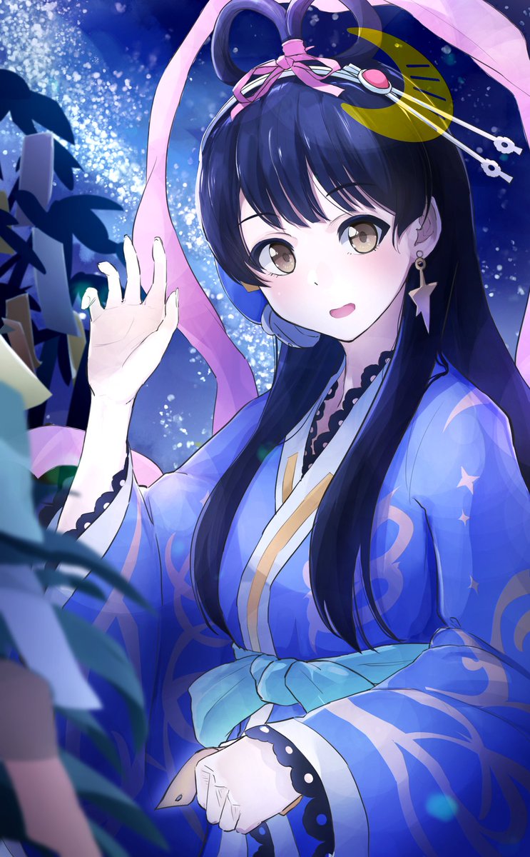 1girl tanabata solo jewelry earrings black hair long hair  illustration images
