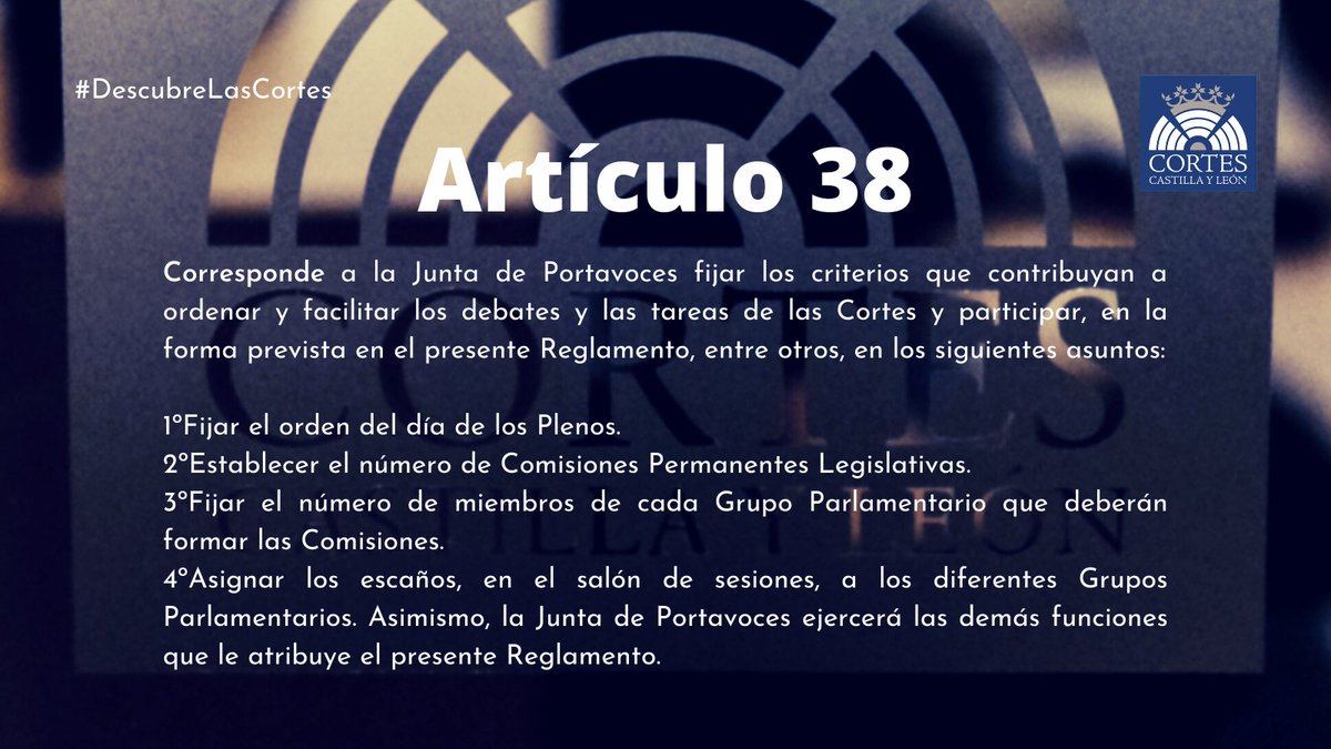 Cortes_CYL's tweet photo. 🔴⚪️ #DescubreLasCortes
⚪️🔴 #ParlamentoVirtual
🏛️ La Junta de Portavoces es uno de los órganos de las Cortes de #CastillayLeón. Está constituida por los portavoces de los grupos, con la presencia del presidente de la Cámara, que los convoca.
👇Estas son sus funciones. https://t.co/xKd1xYcgnZ