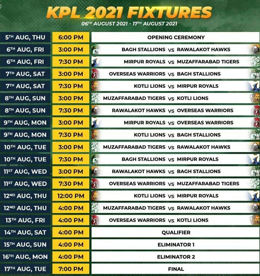 UsamaAh2k18's tweet photo. Complete schedule of Kashmir Premier League 2021.
#KPL2021 #KheloAazadiSe #Cricket https://t.co/Ec2CyKaHUe