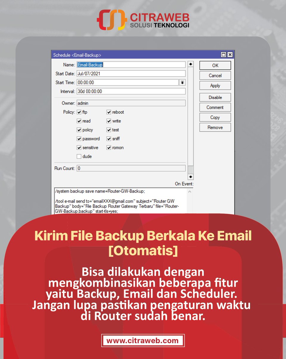mikrotik_id's tweet image. Video tutorial tentang cara mengirim file backup konfigurasi Router melalui email otomatis secara berkala dapat anda saksikan melalui YouTube Channel Mikrotik Indonesia (Citraweb):
youtu.be/6PpnErzvP5w
#BackUpScript #BackUpOtomatis #MikroTik #MikroTikTutorial #Citraweb