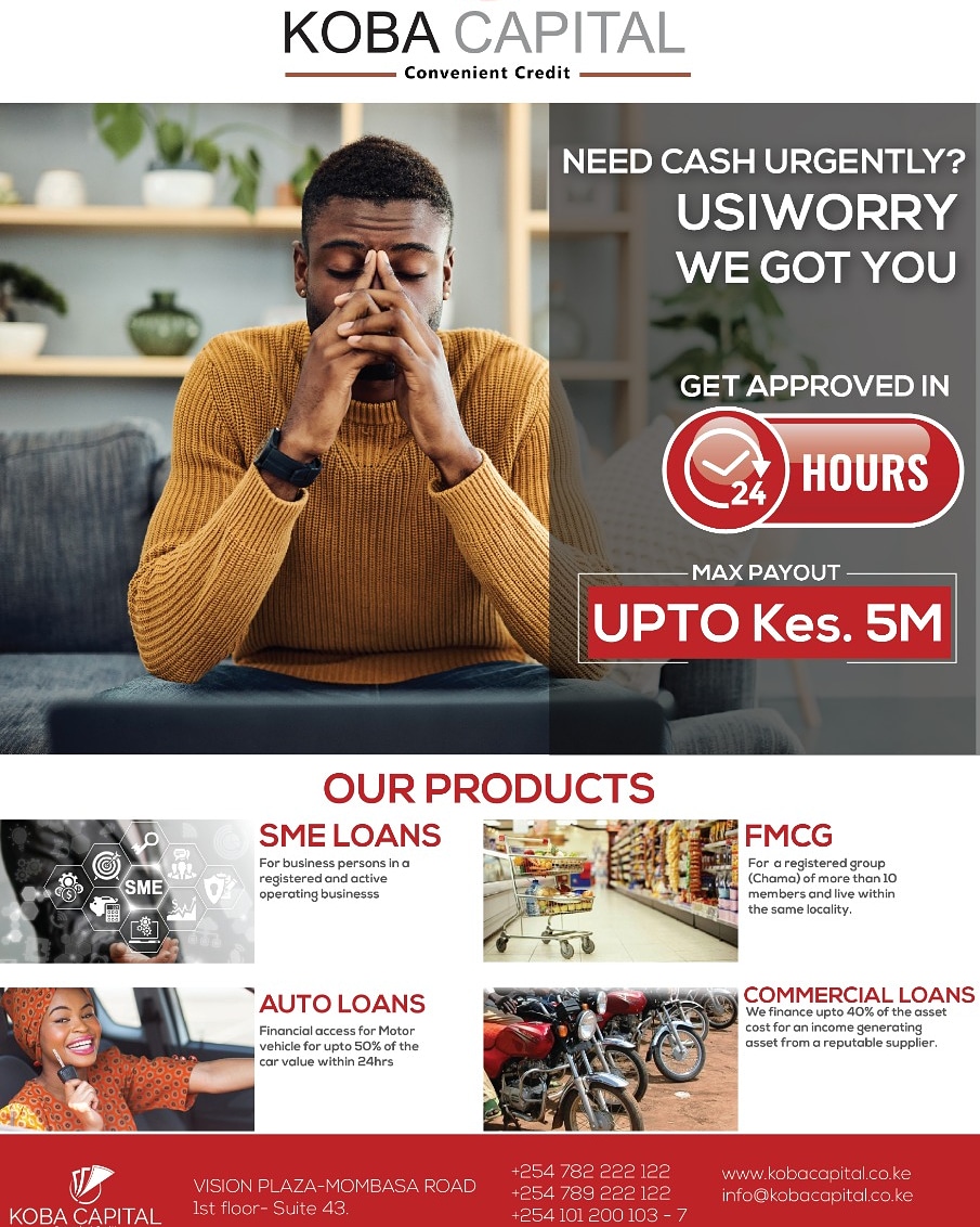 KOBACapital's tweet photo. We provide #Emergencyloans for business people who need cash urgently. We also provide #logbookloans at affordable #interestrates and flexible #repayment period.

Visit our office on Vision Plaza  Mombasa Road, 1st floor, Office No 43.
#convenientcredit
#logbookloans https://t.co/h3NgYO0Gy0