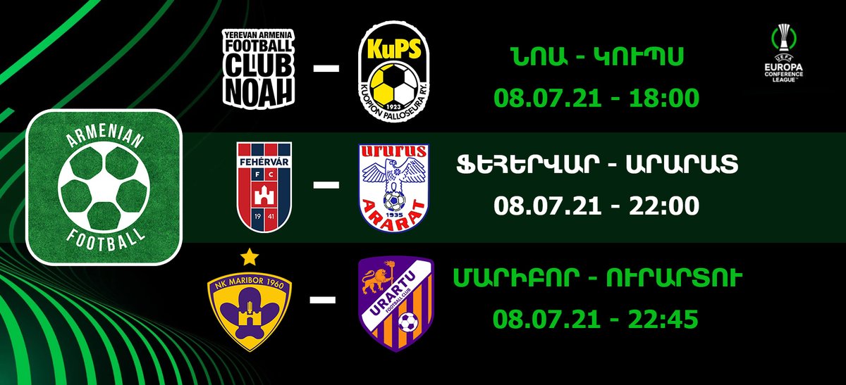 Robbie_Raul's tweet photo. 3 #Armenia|n clubs will start today their journey in #UEFA Conference League.
@FC_Noah_ - @KuPS1923 18:00
@MOLFehervaFCEng - @fcararatyerevan 22:00
@nkmaribor - @UrartuFC 22:45
Enjoy with #AFScore app
📲 iOS - https://t.co/CS3lgP42K5
📲 Android - https://t.co/C3gMMYw7UD https://t.co/dVB8tYr1oB