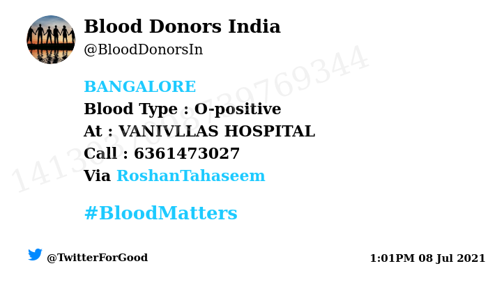#SOS
#BANGALORE
Need #Blood Type :  O-positive
Blood Component : Blood
Number of Units : 2
Primary Number : 6361473027
Patient : Niyamat pasha
Via: @RoshanTahaseem
#BloodMatters
Powered by Twitter