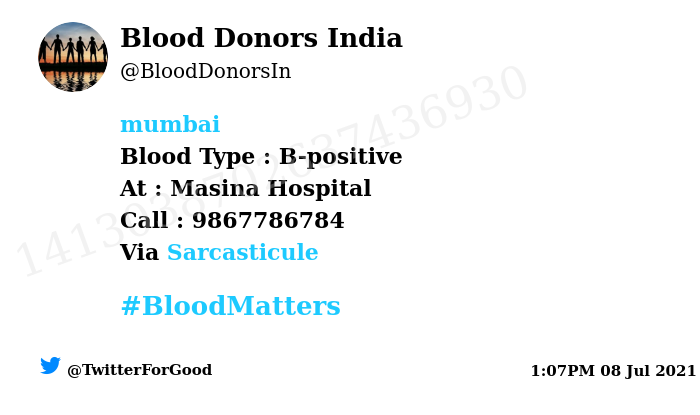 Blood Donors India (@blooddonorsin) on Twitter photo #SOS
#Mumbai
Need #Blood Type : B-positive
Blood Component : Blood
Number of Units : 2
Primary Number : 9867786784
Secondary Number : 9819977227
Illness : Bypass surgery
Via: <a href="/Sarcasticule/">حب برشلونة</a>
#BloodMatters
Powered by Twitter #SOS
#Mumbai
Need #Blood Type : B-positive
Blood Component : Blood
Number of Units : 2
Primary Number : 9867786784
Secondary Number : 9819977227
Illness : Bypass surgery
Via: <a href="/Sarcasticule/">حب برشلونة</a>
#BloodMatters
Powered by Twitter