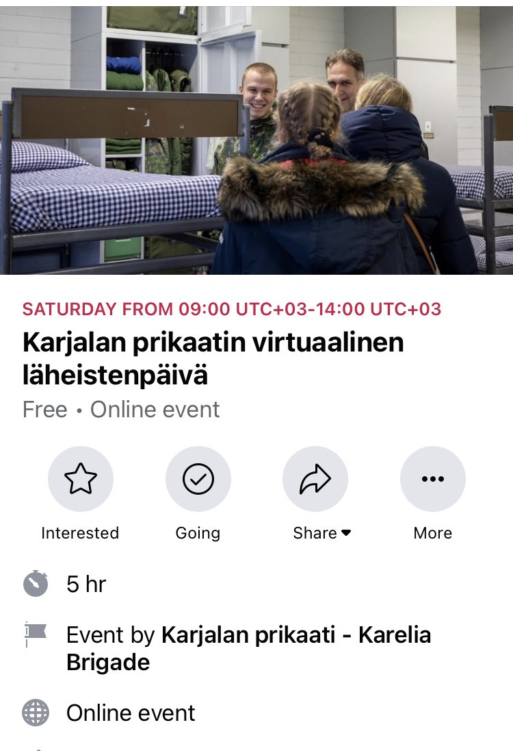 OllikainenOtso's tweet image. Ei tarvetta pahoitella. Tehokasta toimintaa @Puolustusvoimat ja @KarjalanPR, Facebook nimittäin ehdotti vielä seuraavaa tapahtumaa.
En olisi yllättynyt vaikka neiti hakeutuisi palvelukseen - sen verran sähäkkä tapaus, että sopisi kyllä ja kannustan lähtemään jos vain kiinnostaa.