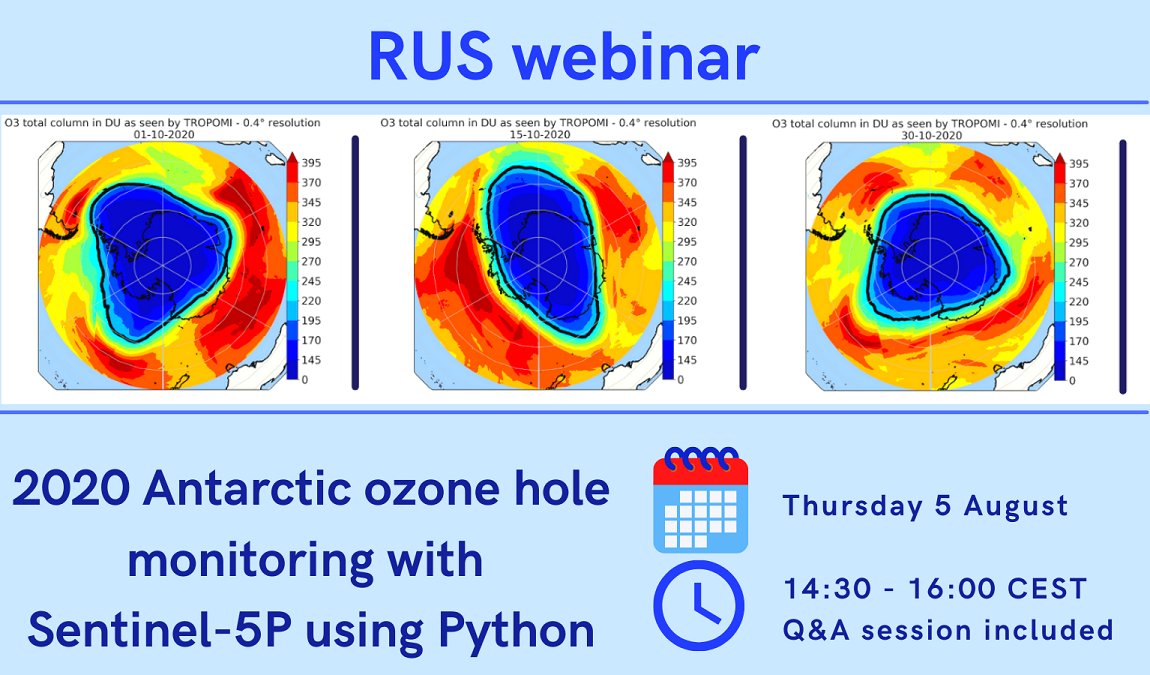 RUS_Copernicus's tweet photo. Another #RUSWebinar coming soon!  

Learn with us how to use #Python language to process #Sentinel-5P 🇪🇺🛰️data for monitoring the atmospheric #ozone layer over #Antarctica 🇦🇶.  

👉🏽 Register now on https://t.co/PWeMh12BH4 https://t.co/4HkcBJOHNH
