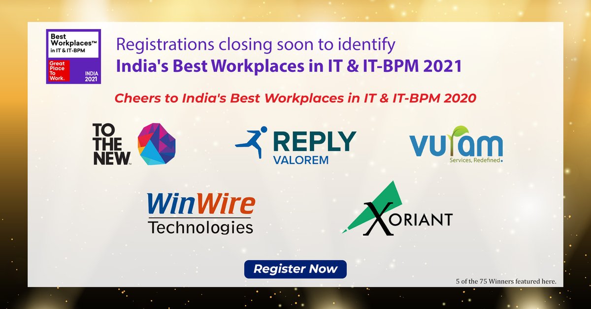GPTW_India's tweet photo. #BestInIT Registrations Open!
Visit https://t.co/vmdGUPgnAw to know more.

Cheers to @TOTHENEW, @Valorem, @vuramtech, @WinWire, @Xoriant - winners of 2020! https://t.co/IGKJaj8e7c