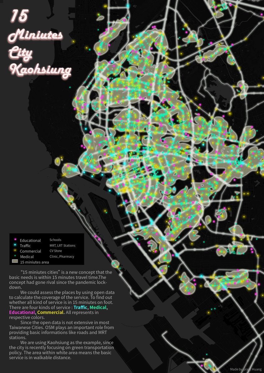Kaohsiung from the 15 minute city perspective
#SotM2021, #SotM, #StateoftheMap, #15MinuteCity #OSM