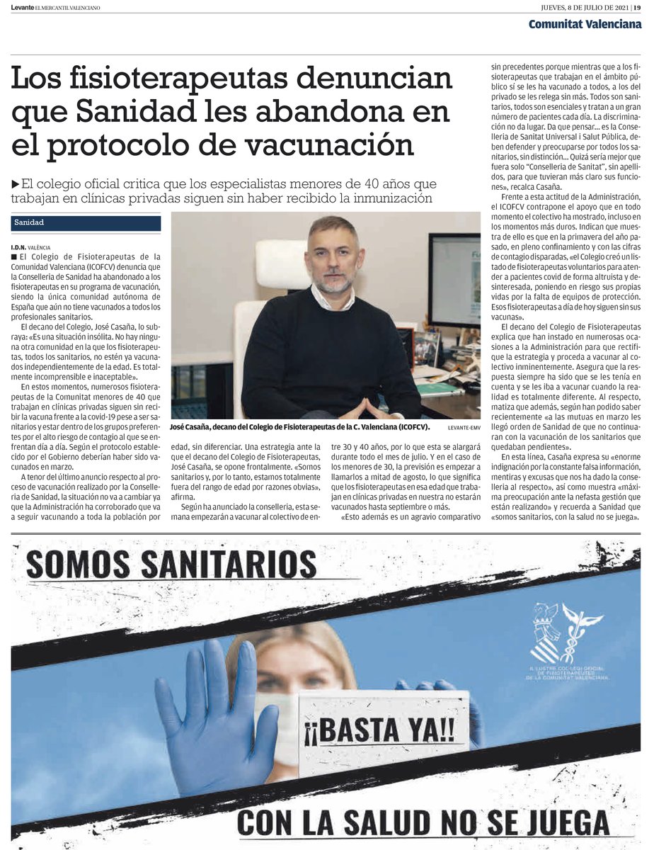 Icofcv's tweet photo. EN PRENSA 🗞️

El @Icofcv denuncia que @GVAsanitat se salta el protocolo de #vacunación y abandona a los #fisioterapeutas. 

El decano, @CasanaJose indica q es la única autonomía q aún tiene a sanitarios del ámbito privado sin vacunar. "Somos sanitarios, con la salud no se juega". https://t.co/jHtCFFw45c