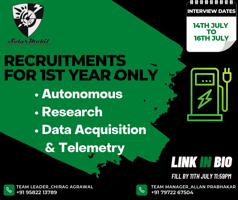 SolarMobil_MIT's tweet image. This is an opportunity to get hands on experience in building a car that the future requires! 

Registration link: buff.ly/36mm9kQ

Deadline for registration: 11th July 11:59 PM.

#manipal #manipaluniversity #manipalinstituteoftechnology #manipalacademyofhighereducation