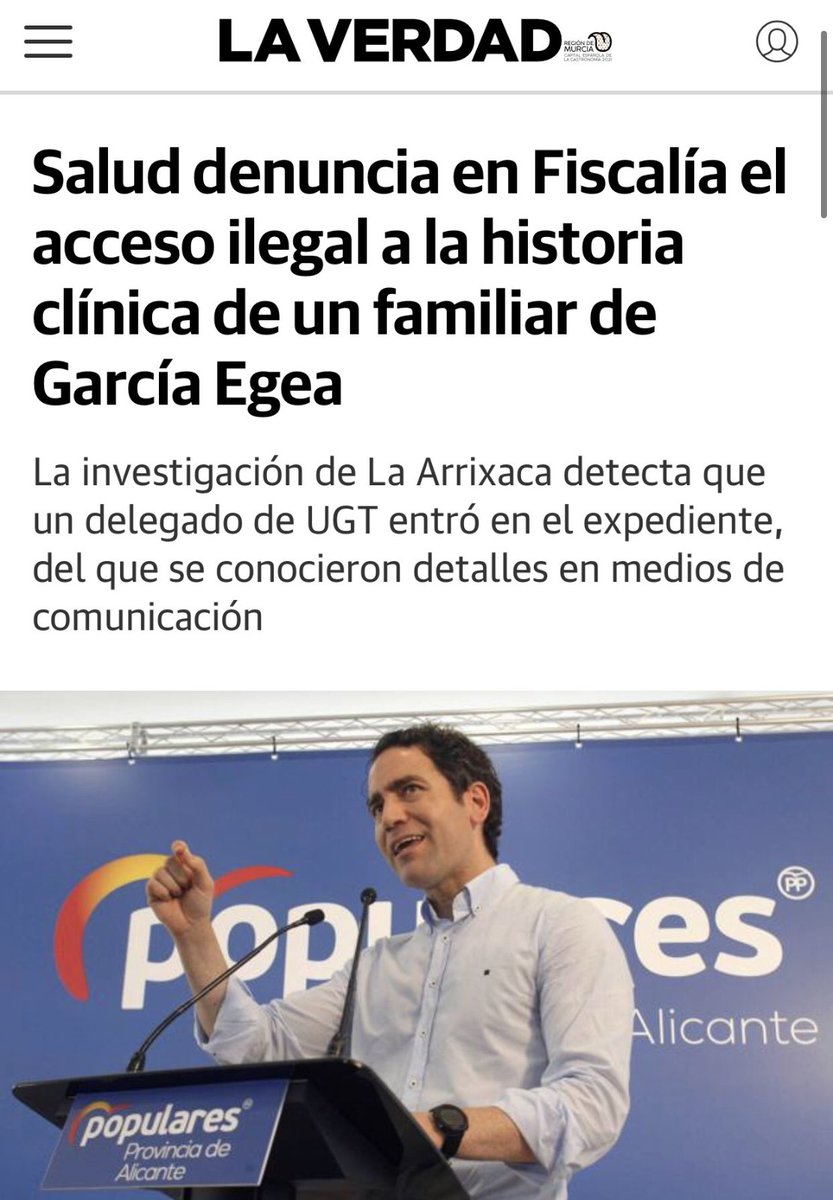 ‼️ URGENTE

Un delegado de UGT, relacionado con el PSOE, espía en los ordenadores del hospital La Arrixaca el historial médico de un familiar de Teodoro García Egea. La Fiscalía tendrá que tomar cartas en el asunto.

❌ La izquierda, nuevamente, sobrepasando todos los límites.