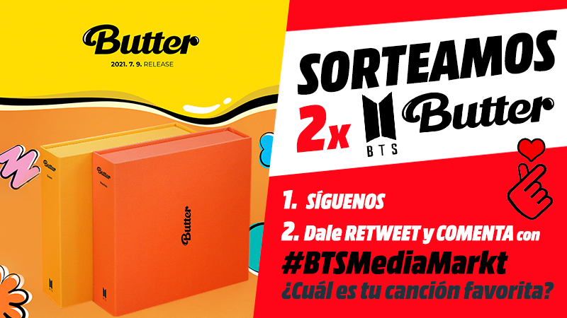 💿SORTEAMOS 2 Butter de #BTS✨<a href="/BTS_twt/">방탄소년단</a>

1⃣Síguenos
2⃣Dale retweet y comenta con #BTSMediaMarkt ¿Cuál es tu canción favorita de BTS?

⚡️A más comentarios, más opciones de ganar⚡️

#BTSARMY ¿Lo quieres ya?➡️ bit.ly/BTSbutterMM
⏱️Hasta el 11/07 #Sorteo