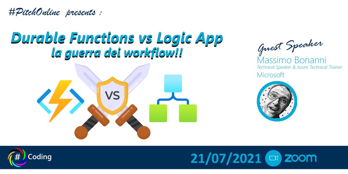 ivanoscifoni's tweet image. Ed eccoci giunti all'ultimo appuntamento della stagione, Durable Functions o Logic App? Dovete implementare un workflow su Azure e non sapete da dove iniziare…..iniziate da questa sessione !
Per iscriversi : eventbrite.com/e/biglietti-pi…
#SharpCoding     #Azure