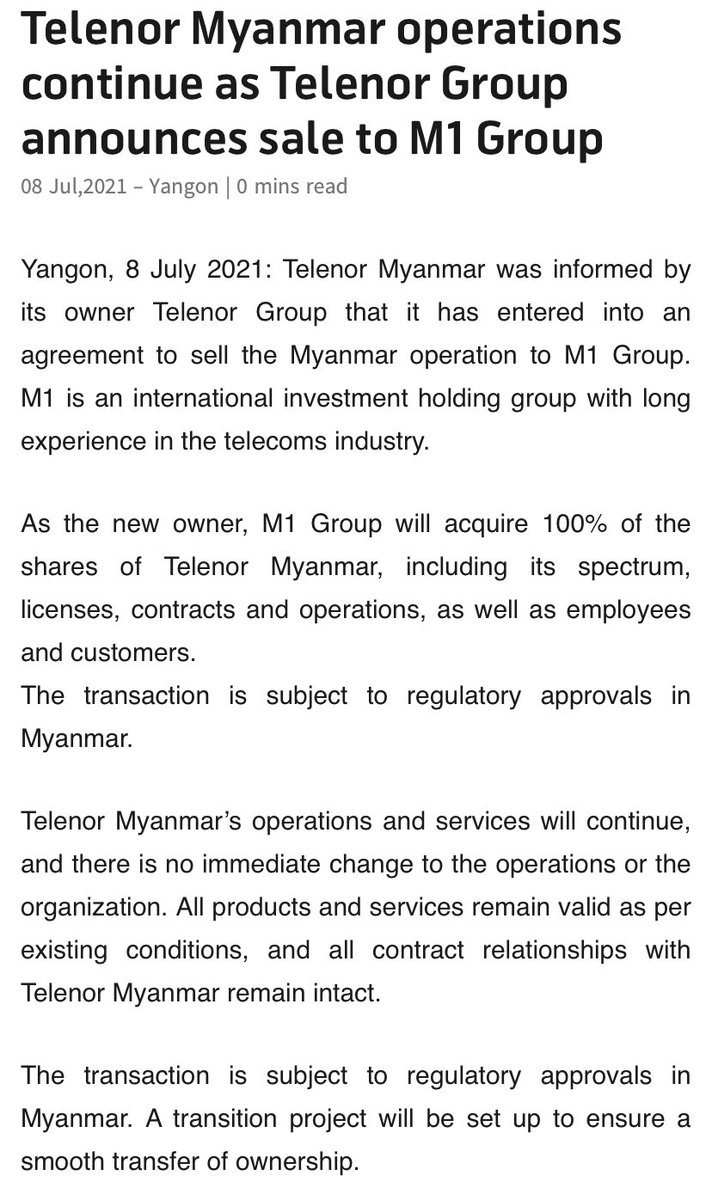 Announced today: @Telenor_mm continues operations as @TelenorGroup decides to divest. Operations and organization built over 7 yrs maintained, jobs secured and services upheld. New owner M1 Group to take over subject to regulatory approvals.