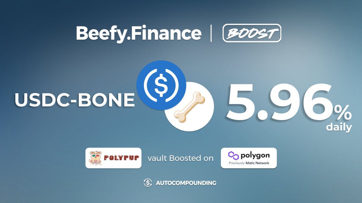 🐮 Beefy × <a href="/polypup/"></a>: APY boost 🐶

BONE-USDC LP vault boost now up and running on <a href="/0xPolygon/">Polygon | POL</a> network, currently earning 5.96% daily

Stake BONE-USDC LP tokens, earn more LP + extra $BONE on top for ten days 🚀

Enjoy 👉 polygon.beefy.finance