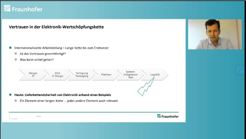 Fraunhofer's tweet photo. Welche Sicherheitseigenschaften haben #Mikrochips? Dr.-Ing. Johann Heyszl @FraunhoferAISEC spricht auf den #FraunhoferSolutionDays über den „#Angriffsvektor Elektronik: Schwachstellen finden und beheben“. #ITSecurity #SecurityToken #WeKnowSolutions https://t.co/rf9NeGQh91 https://t.co/u5gRG0jYCx