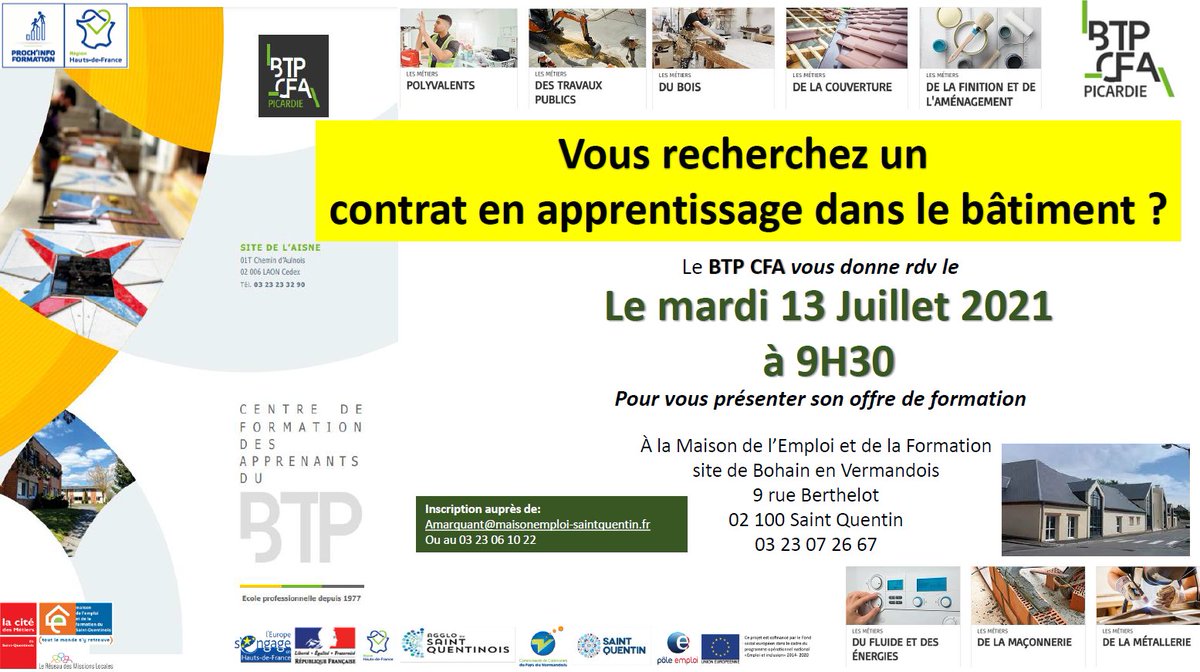 Vous rechercher un contrat en #apprentissage dans le #bâtiment ?
👉Le BTP CFA vous donne RDV le mardi 13 juillet 2021 à 9h30 à la MEF de Bohain en Vermandois pour vous proposer son offre de #formation ! ✅
Inscription⤵️
📩 Amarquant@maisonemploi-saintquentin.fr
📲 03 23 06 10 22