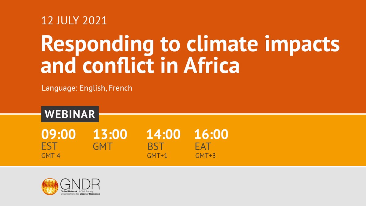 #Webinar: Responding to climate impacts and conflict in Africa: local experiences of resilience building to accelerate SDGs 13 and 16.

📅 12 July 2021
⏰ 09:00 EST | 13:00 GMT | 14:00 BST | 16:00 EAT
🌐 English with French interpretation

gndr.org/news/events/it…