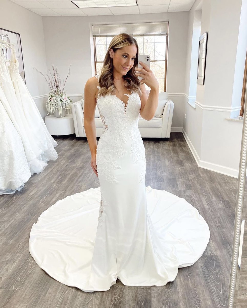 Good morning, gorgeous! Unique lace and daring illusion details that will make jaws drop! This crepe stunner is breathtaking and light as air to wear. Our “Caden” gown 🤍 #vowsinvandervelde #weddingdress