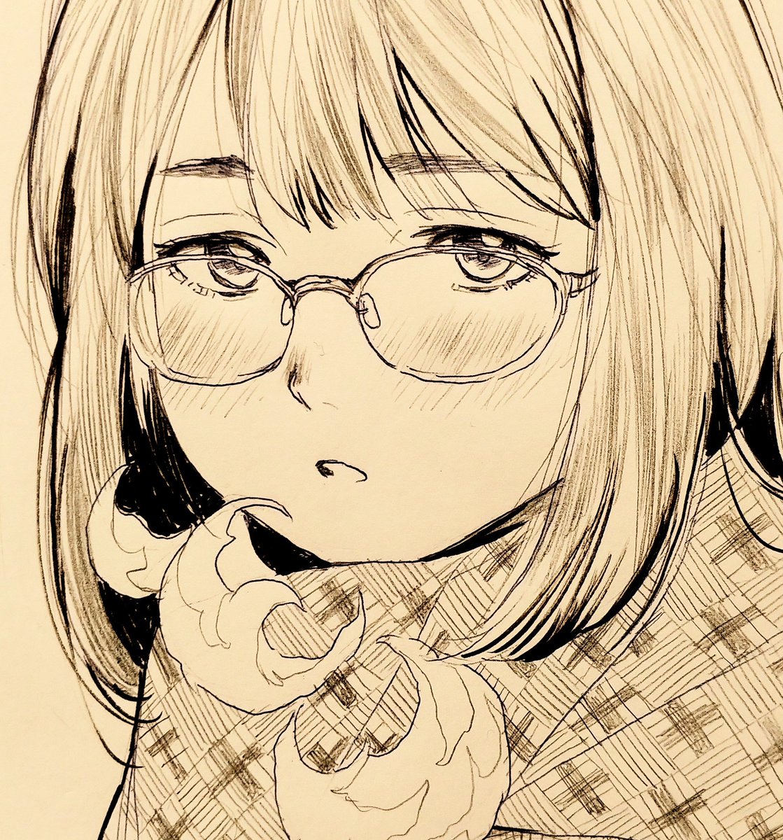 1girl glasses solo monochrome blush looking at viewer portrait  illustration images