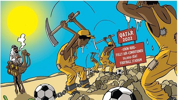 atrasdogolbr's tweet photo. A COPA DO MUNDO DA VERGONHA!
Migrantes que constroem um estádio moderno para a Copa do Mundo de Futebol de 2022 no Catar sofrem abusos e exploração ... enquanto a FIFA obtém enormes lucros.
https://t.co/Vjh1TyNDpP https://t.co/N59vaADcBL