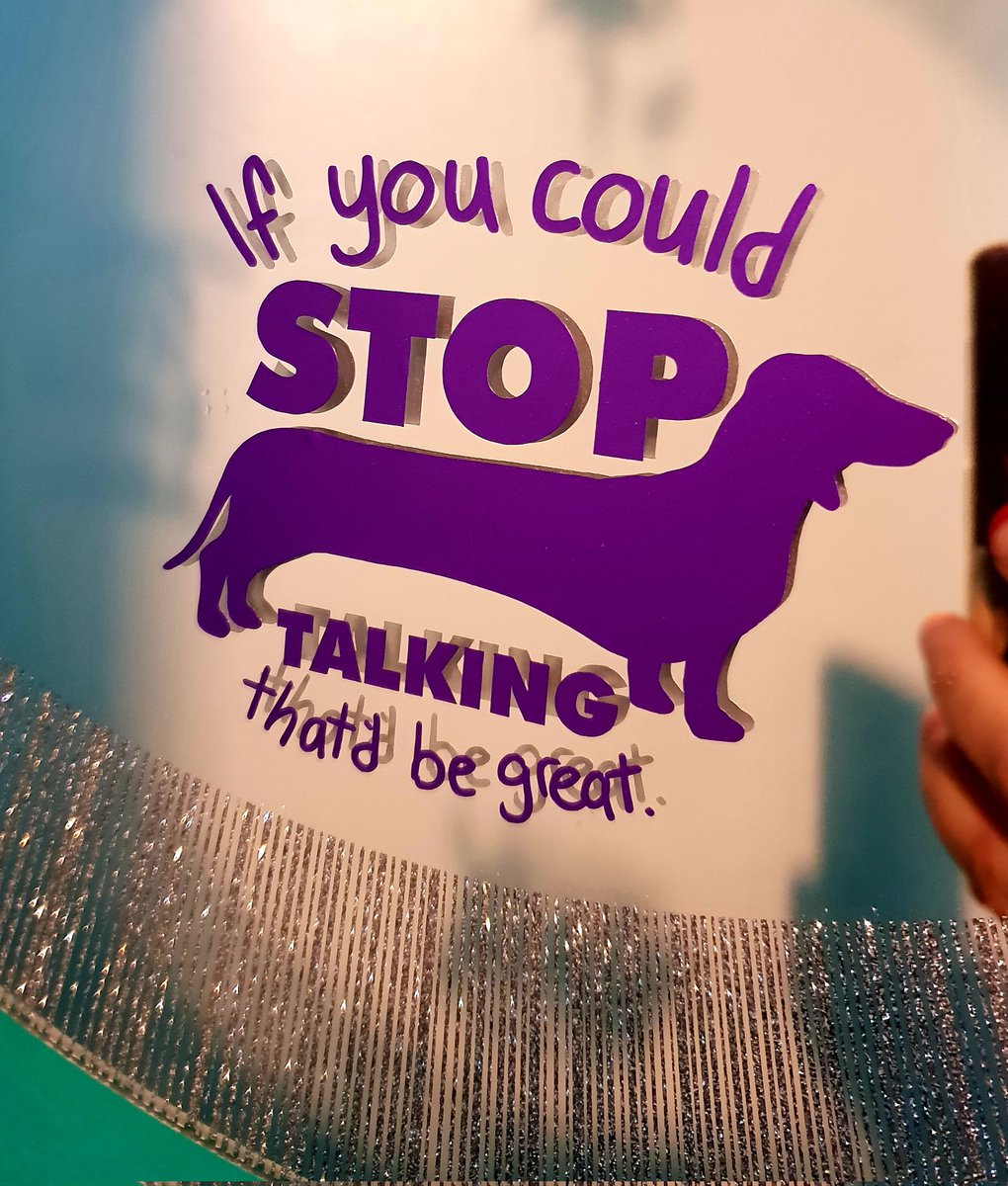 HugStuffUK's tweet photo. Dachhound Stop Talking Decal 
Shimmering Purple Vinyl on bathroom mirror 💜

wendy@hugbox.co.uk

#custom #vinyl #decal #graphic #car #wall #mirror #home #bar #dachhound #sausage #dog #dogs #art #mancave #trailor #laptop #phone https://t.co/ZgSsMq6jm5