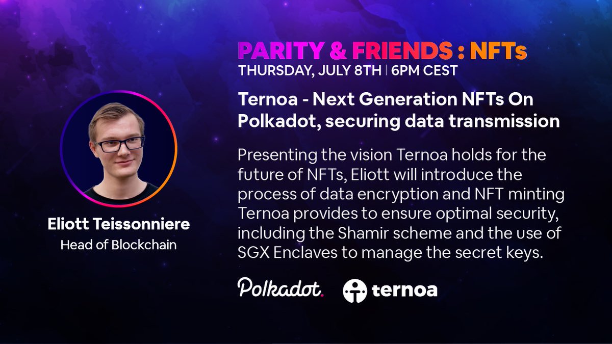 Ternoa_Italian's tweet photo. "💫 @EliottTeiss capo della blockchain di #Ternoa 
 prenderà parte all'evento Parity &amp; Friends su #NFTs!

🔗Condividerà i processi di crittografia dei dati e conio NFT che Ternoa provvede per garantire una sicurezza ottimale!

📆8 luglio alle 18:00 CEST

👉https://t.co/TXrbo7z4WX https://t.co/RggKHeUd3B