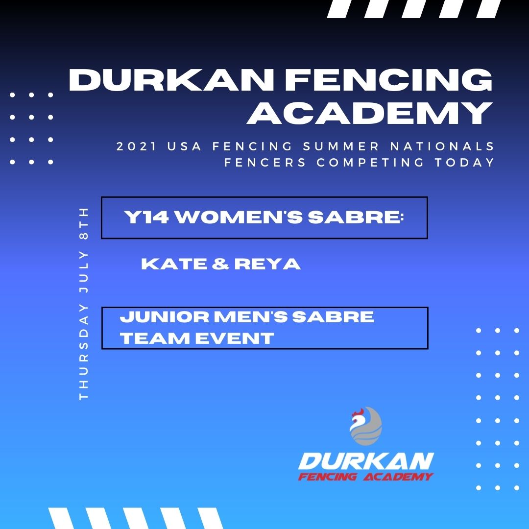 Follow the Durkan Fencers who are competing today <a href="/USAFencing/">USA Fencing</a> Junior Olympcs and Summer National Championships! fencingtimelive.com/tournaments/ev…