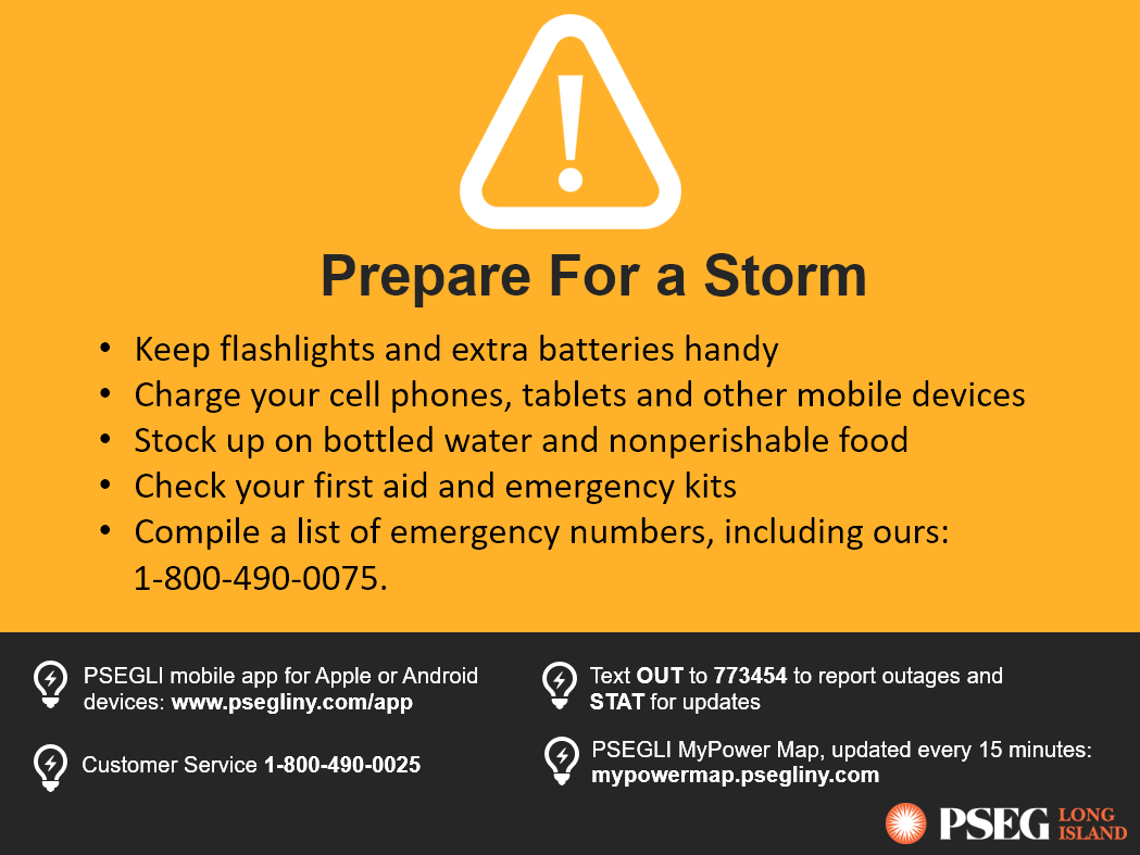 PSEGLI's tweet photo. ⚠️ Crews + add'l personnel are ready for #TropicalStormElsa. Heavy rain + strong winds are expected tonight thru Fri AM. Pls secure outdoor items, prep your #emergencykit + keep devices charged. If you lose power, report it thru our app, DM us, or text OUT to PSEGLI (773454). https://t.co/cEDkm39n3b