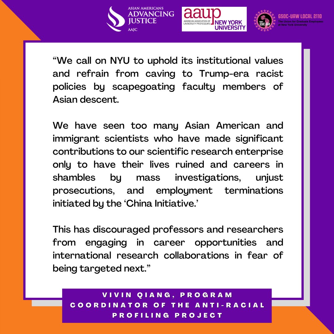 Yesterday, @AAAJ_AAJC, @aaup_nyu, and @GSOCUAW delivered a petition to @nyuniversity with over 1,100 signatures urging President Hamilton to stop racially profiling faculty of Asian descent and protect their due process rights. Read our press release: advancingjustice-aajc.org/press-release/….