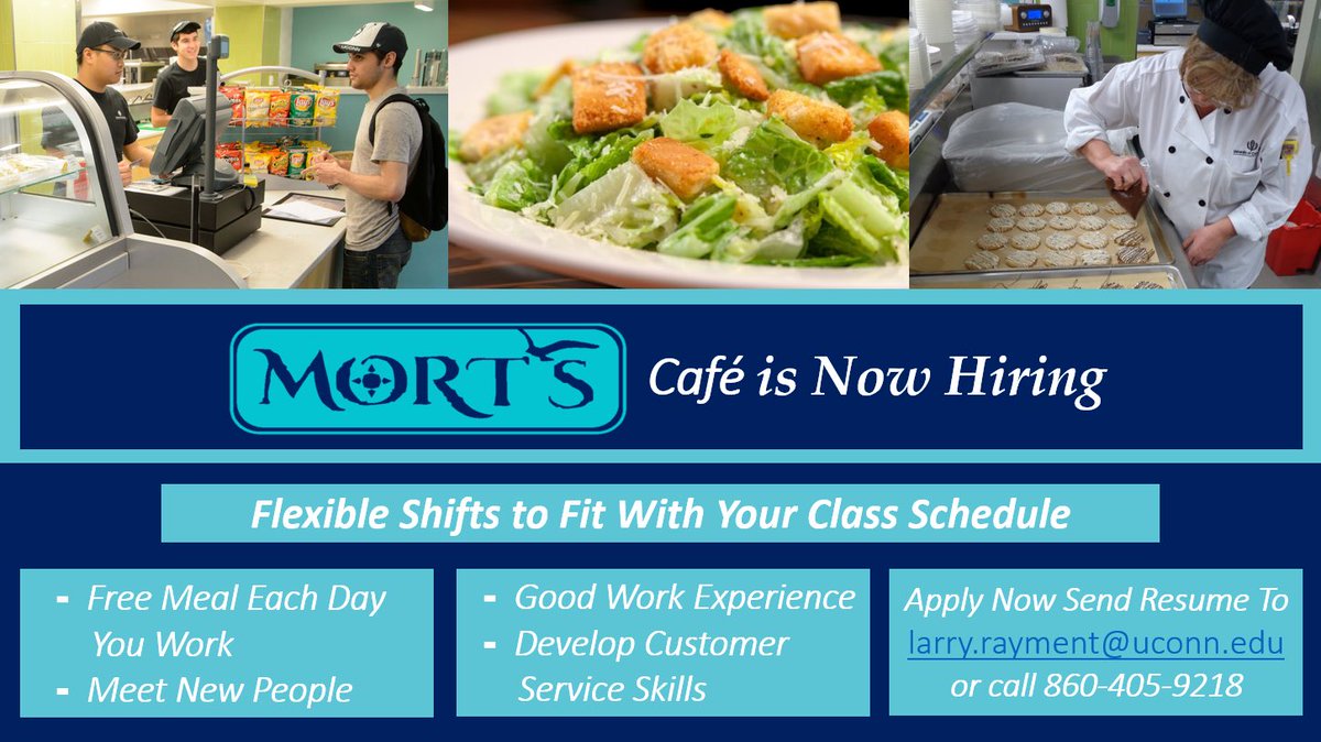 Current and incoming #UConnAveryPoint students! Looking for a job that will work with your schedule?? Look no further than Mort’s Café! Information on application is below!
